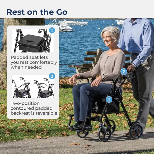 Vista 5 de Drive Medical 795BK Duet Silla de Transporte Plegable y Andador, Negro El combo de silla de ruedas y andador con ruedas plegable Duet ofrece un
