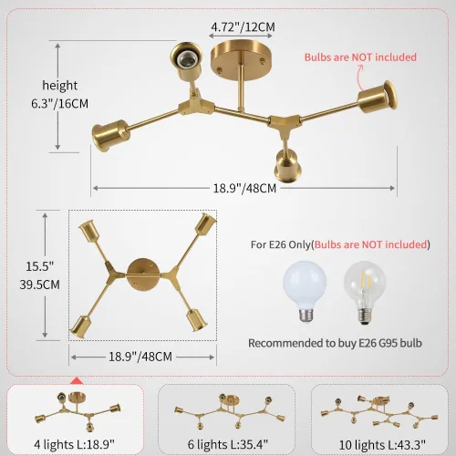 Vista 3 de Lámpara de techo moderna semiempotrada, lámpara de 4 luces de mediados de siglo para comedor, dormitorio, cocina, vestíbulo, entrada, pasillo