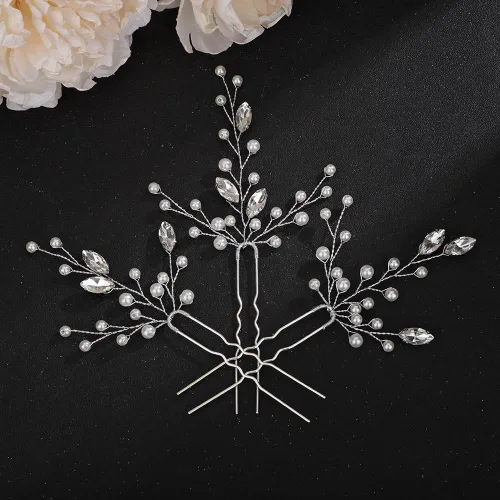Vista 7 de Teyglen Juego de 3 horquillas de cristal de perlas negras para novia, accesorios para el cabello de boda, piezas de pelo de perlas negras hechas a