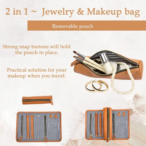 Vista 3 de Organizador de joyas de viaje para mujer organizador de maquillaje con bolsa de maquillaje organizador de aretes soporte de collar soporte de anillo