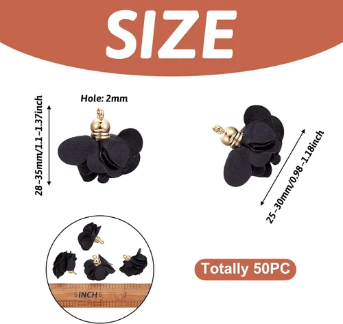 Vista 2 de Cheriswelry 50 colgantes de tela de tela de flores de tela negra con pétalos florales con tapa dorada en forma de campana para manualidades, aretes