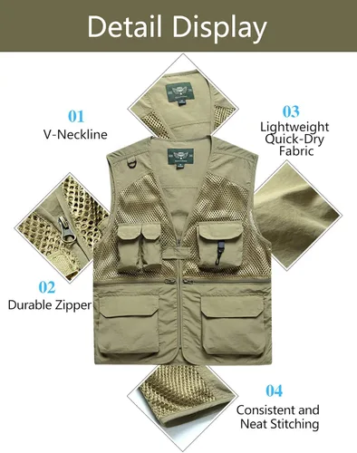 Vista 3 de Chaleco Flygo para hombre, para pesca, trabajo, safari, viaje de reportajes o para actividades al aire libre en verano, con bolsillos