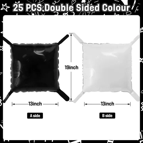 Vista 2 de Globos cuadrados en blanco y negro para pared, globos cromados y blancos de doble cara, kit de arco de túnel, telón de fondo para tablero de ajedrez