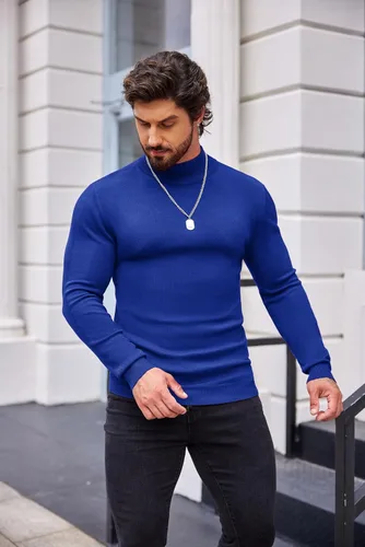 Vista 3 de COOFANDY Suéter de cuello alto falso para hombre, ajuste delgado, informal, básico, suéter térmico de punto