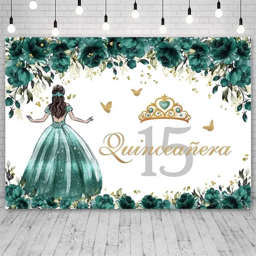 Vista 11 de Sendy Telón de fondo de quinceañera de 15 cumpleaños para niñas, vestido azul, corona de princesa, fondo de fotografía, flores azules y zapatos