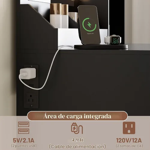 Vista 6 de Wodeer Pequeño escritorio de maquillaje con espejo y luces, tocador con armario de cristal, luces LED y toma de corriente, cajón y gabinetes