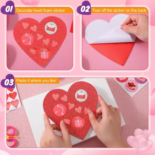 Vista 4 de Tatuo 120 calcomanías de corazón de espuma de 6 pulgadas a granel, autoadhesivas, corazones de espuma EVA, mate y purpurina para manualidades