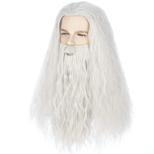 Vista 3 de MAN SI Pelucas y barba grises plateadas, peluca larga ondulada de mago para hombres, peluca de disfraz de Halloween