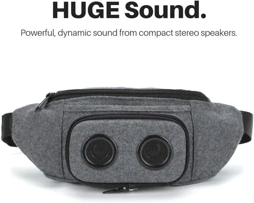Vista 2 de Fannypack con altavoces. Riñonera Bluetooth para fiestas/festivales/ravos/playa/barcos. Recargable, funciona con iPhone y Android (gris)