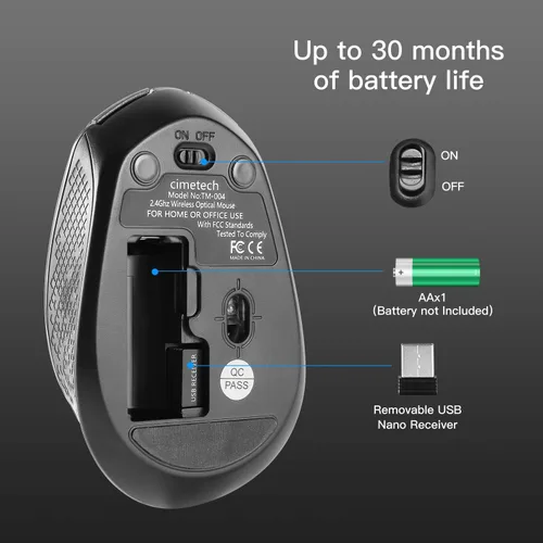 Vista 5 de Cimetech Ratón ergonómico inalámbrico, óptico de computadora de 2.4 G, 6 botones, silencioso con receptor USB, 3 DPI ajustables para laptop, Verde