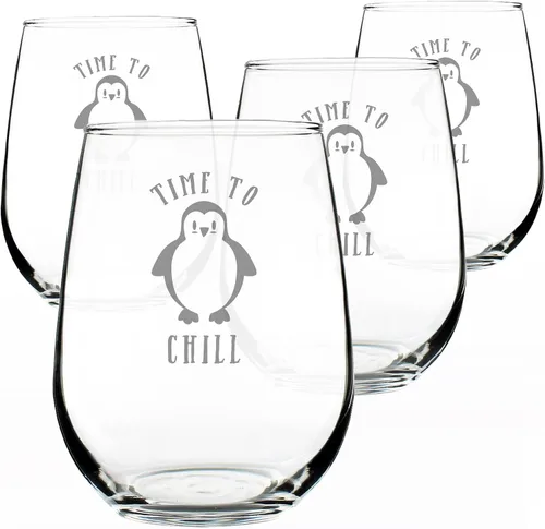 Vista 6 de Custom Time to Chill - Personalized Stemless Wine Glass - Funny Penguin Themed Gifts and Decor - Large 17 oz - Customized Wine Glass Gift