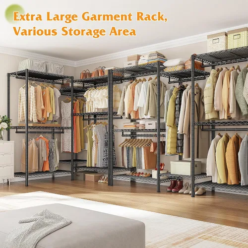 Vista 3 de Raybee Perchero en forma de L para esquina, percheros para colgar ropa, 900 libras, perchero resistente para ropa, 74.5 pulgadas de ancho x 18 Negro