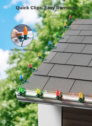 Vista 2 de Clips de primavera para luces navideñas C7 C9, 25 unidades de clips de primavera rápidos para luces navideñas, clips para tejas y canalones a prueba