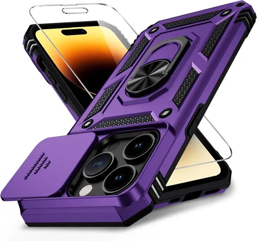 Vista 10 de Funda para iPhone 14 con cubierta para lente de cámara, protector de pantalla HD, protección contra caídas de grado militar de 10 pies, soporte