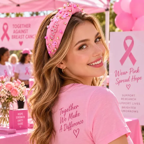 Vista 2 de Diadema rosa con lazo de esperanza de cristal y perla, diadema anudada para concientización sobre el cáncer de mama, accesorios para el cabello