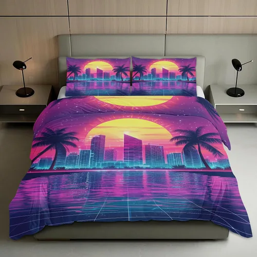 Vista 14 de Vaporwave - Juego de funda de edredón con cierre de cremallera, funda de edredón neón océano de 3 piezas, funda de edredón de microfibra suave con 2