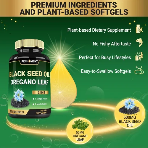 Vista 3 de 550 mg de aceite de semilla negra con aceite de orégano - 60 cápsulas blandas