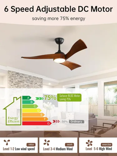 Vista 9 de Sofucor Ventiladores de techo inteligentes de 52 pulgadas con luz moderna de madera maciza para exteriores, ventilador de techo de 3 aspas con luz
