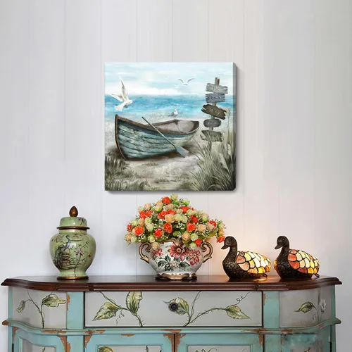 Vista 2 de Arte de pared para baño, decoración costera, barco náutico en la playa, lienzo con imagen de gaviota del océano, paisaje marino, arte de granja