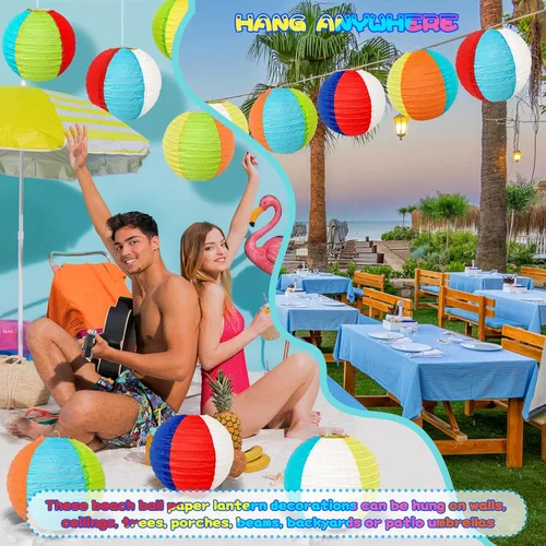 Vista 3 de Paquete de 12 linternas de papel de bola de playa de 8 pulgadas, decoraciones de aula de verano y decoración colgante de fiesta en la piscina, Luau