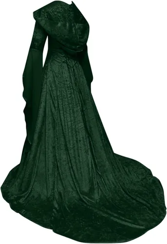 Vista 7 de Vestido renacentista para mujer, disfraz divertido de Hallowwen, vestido gótico medieval con capucha, manga larga, vestido largo victoriano