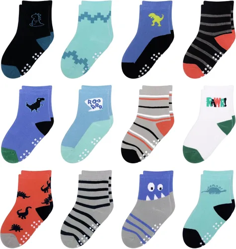 Vista 15 de 12 paquetes de calcetines antideslizantes para niños y bebés con agarre para niños de 1-7 años, calcetines de algodón de tripa para niños y niñas