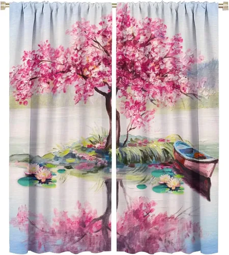 Vista 9 de Cortinas opacas con diseño floral de galaxia azul abstracta para dormitorio, cortinas de ventana de teñido anudado con diseño de flor de cerezo
