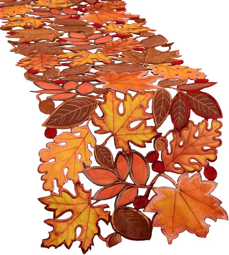 Vista 5 de Camino de mesa bordado de hojas de otoño para Acción de Gracias, decoraciones de cosecha de otoño (14 x 34 pulgadas)