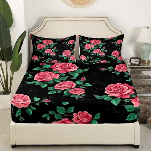Vista 3 de Erosebridal Juego de sábanas de tamaño individual con diseño de rosas rojas, diseño floral rosa, ramas de hojas verdes, sábanas temáticas de plantas
