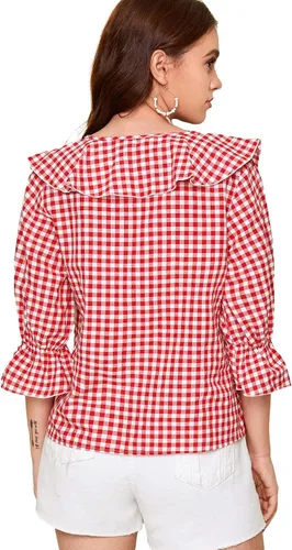 Vista 2 de Romwe Blusa elegante con volantes y cuello en V para mujer
