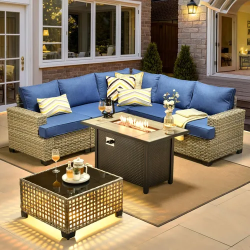 Vista 27 de HOOOWOOO Juego de muebles seccionales de patio con mesa de luz solar, 6 piezas de mimbre para exteriores, sofá en forma de L, juego de conversación