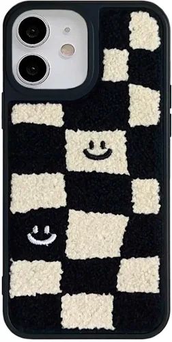 Vista 10 de Funda estética a cuadros compatible con iPhone 12 y iPhone 12 Pro, funda de alfombra mullida con bordado retro a cuadros para iPhone 12/12 Pro