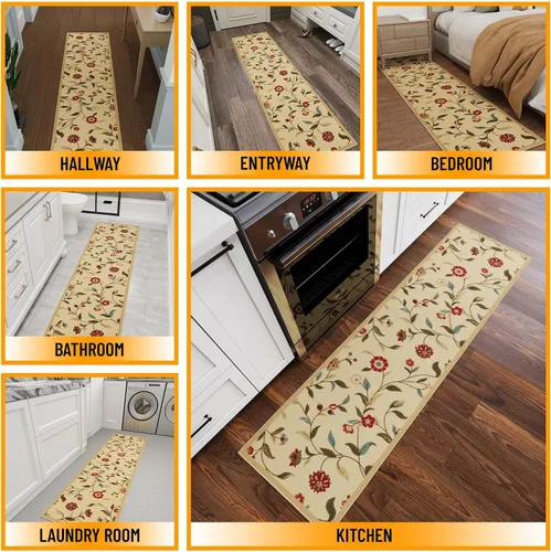 Vista 3 de Ottomanson, colección OttoHome, tapete para corredor con diseño azul claro y damasco (antiderrapante), parte trasera de goma Floral Beige