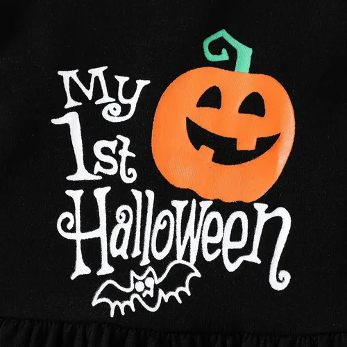 Vista 6 de Noubeau My 1st Halloween Baby Girl Outfits Ruffle Pumpkin Print Túnica Drees Camisa Pantalones Rayas Legging Otoño Invierno Ropa