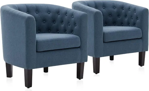 Vista 23 de BELLEZE Sillas de acento negras para sala de estar, elegante silla de brazo tapizada con respaldo capitoné en forma de barril, silla de club