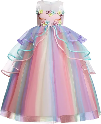 Vista 4 de NNJXD Girls Unicorn Dress Rainbow Fancy Princess Costume Tulle Party Dresses