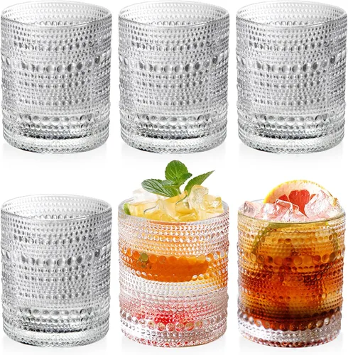 Vista 10 de Juego de 6 vasos de hobnail vintage de 13 onzas, cristalería vintage en relieve transparente para agua, jugo, cóctel, vino, cerveza, whisky
