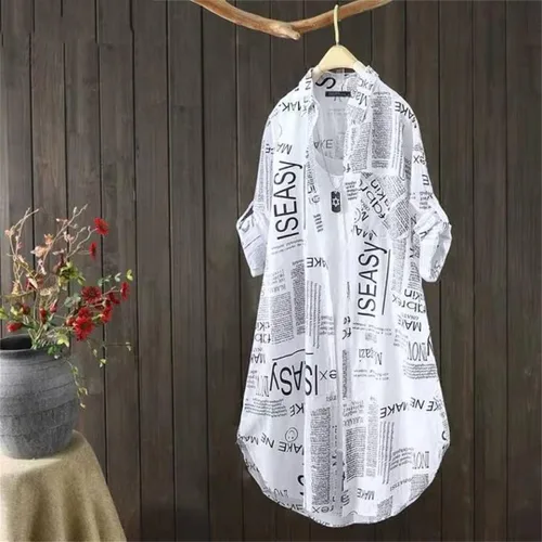 Vista 4 de Camisas estampadas de periódico para mujer, de manga larga, con botones, con solapa, túnica de gran