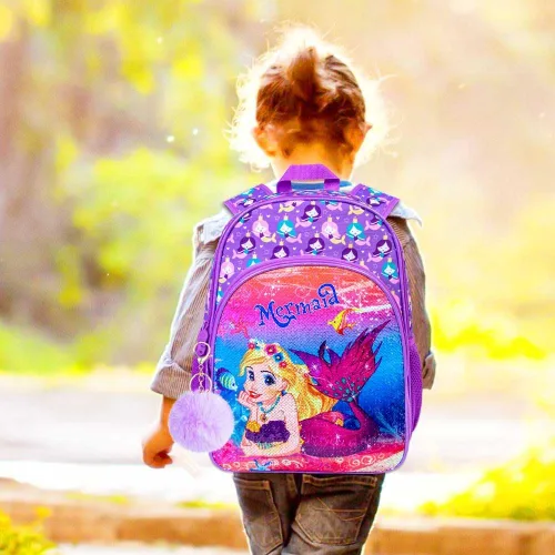 Vista 2 de KLFVB 3 mochilas de sirena de unicornio para niñas, bolsa de libros y lonchera de lentejuelas de 16 pulgadas, mochilas preescolares para primaria