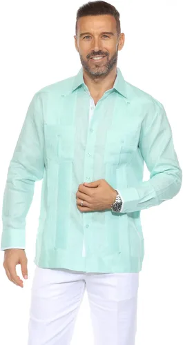 Vista 11 de Mojito - Guayabera de manga larga para hombre, 100% lino, panel de contraste y pliegues tonales