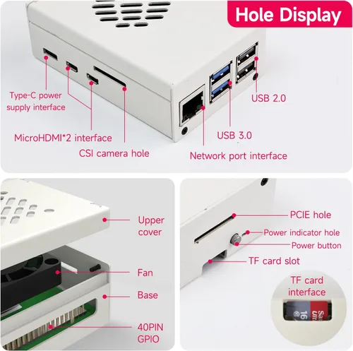 Vista 3 de Yahboom Funda para Raspberry Pi 5 Negro Blanco Metal Enfriamiento Funda Protectora con Ventilador de Velocidad Ajustable Anticolisión (blanco)