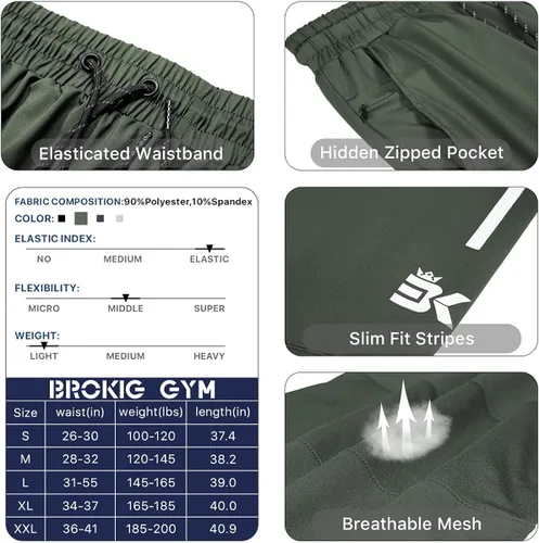 Vista 6 de BROKIG Pantalones deportivos ligeros de gimnasio para hombre, pantalones deportivos de entrenamiento con bolsillo con cremallera, pantalones