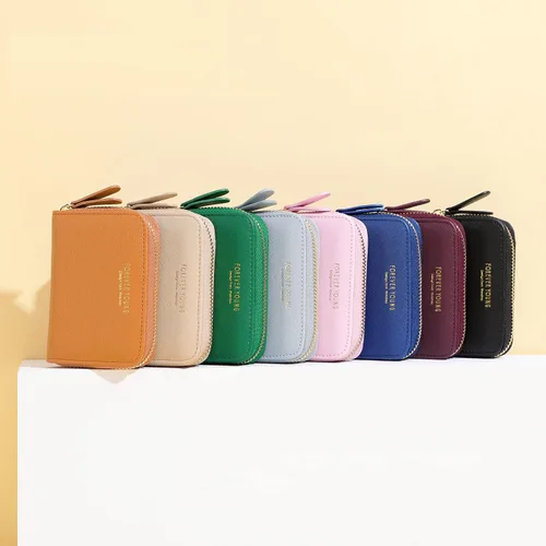 Vista 2 de JIUFENG Cartera de tarjetas de crédito con bloqueo RFID para mujer, cremallera alrededor del tarjetero, Gris