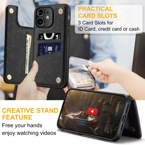 Vista 3 de Funda tipo cartera de diseño para iPhone 11 con tarjetero de cuero de lujo con ranuras para tarjetas doble cierre magnético a prueba de golpes 2019