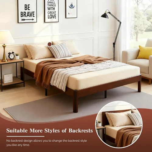 Vista 6 de Base de cama de plataforma de tamaño matrimonial para dormitorio, marcos de cama de madera resistente de 14 pulgadas con listones de madera, fácil