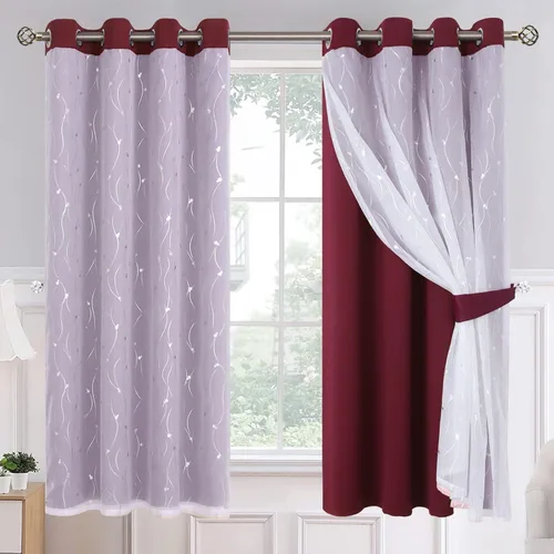 Vista 25 de BGment Cortinas de oscurecimiento de habitación con superposición transparente, cortinas de tul estampado plateado de doble capa para sala de estar