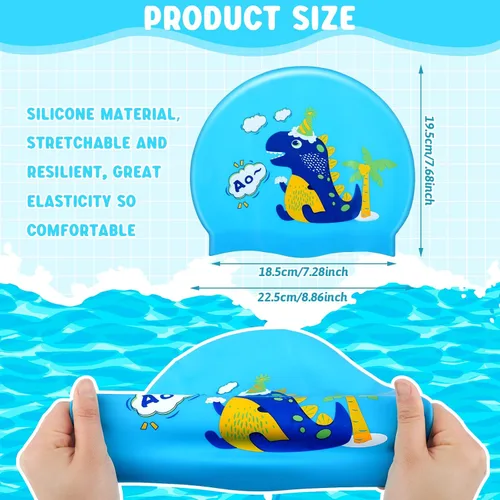 Vista 2 de Sintuff 3 Pcs Kids Swim Caps Toddlers Swimming Caps Silicone Swim Cap for Boys Girls (Age 4-12) Baby Waterproof Cartoon Bathing Hats for Long and