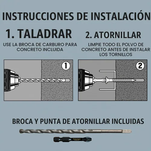 Vista 4 de Conjunto de tornillos de concreto Velocity 2 1/4 (Cabeza plana, 1/4") – Incluye 12 piezas de tornillos de mampostería de alto rendimiento