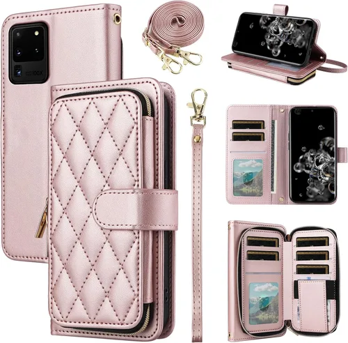 Vista 30 de Funda de Cartera para Samsung Galaxy S20 FE 5G de 6.5 Pulgadas con Correa para Muñeca, Billetera con Cremallera y más de 9 Ranuras para Tarjetas