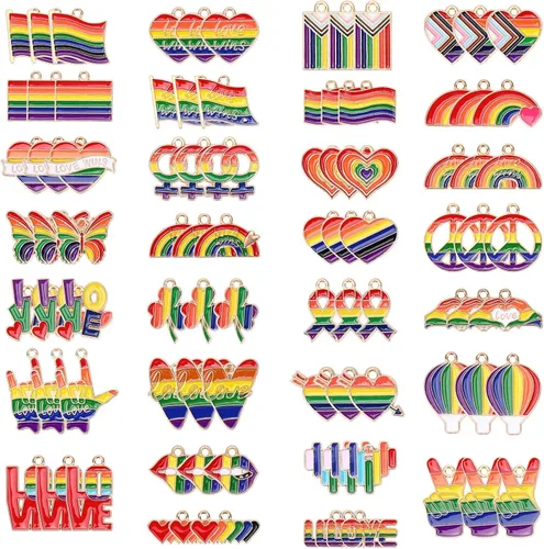 Vista 14 de SANNIX 90 Piezas Dijes de Corazón del Orgullo Corazón Arcoíris Dijes de Aleación Esmaltados a Rayas Colgante para Hacer Joyas Dijes Pendientes 10